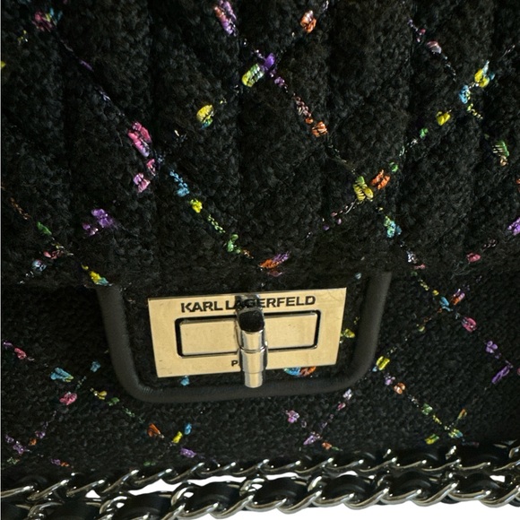 Karl Lagerfeld Embellished Boucle Black & Multi Color Fabric Shoulder Bag NWT - Picture 3 of 10
